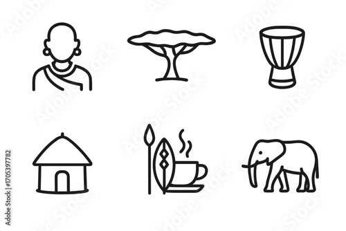 Kenyan Culture Icons. Outline icon set of Kenyan culture: Maasai warrior, Acacia tree, Safari hat, African drum, Traditional hut,