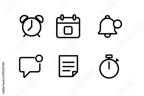 Event Reminder Icons. Outline icon set of event reminders: alarm clock, calendar date, push notification, bell, message alert,