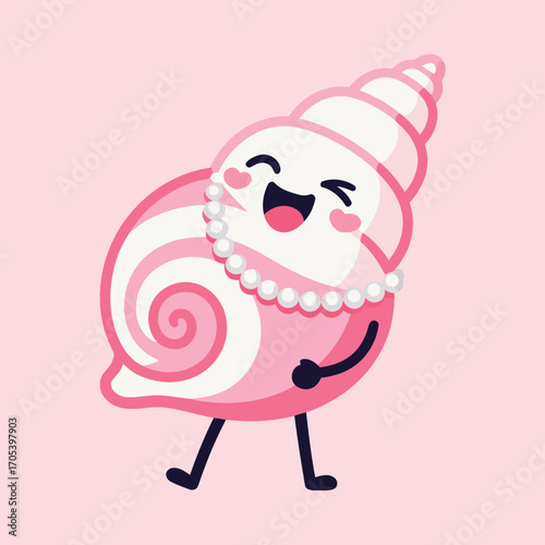 Cute cartoon conch shell character with pearls. Funny sea snail mascot with a cheerful expression. Vector illustration isolated on a pink background.