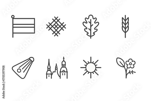 Cultural Symbol Icons. Outline icon set of Latvian symbols: national flag, folk ornament, oak leaf, rye sheaf, kokle instrument,