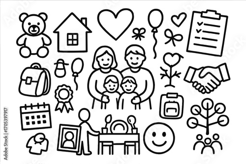 Foster Family Doodle. Hand-drawn doodle illustration foster family care family, children, house, heart, toys, school bag, calendar