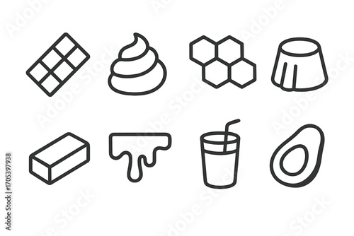 Smooth Food Icon Set. Outline icon set of smooth texture in food: chocolate bar, cream swirl, honeycomb, jelly, butter pat, icing,