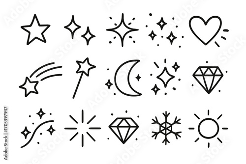 Doodle Magic Icons. Hand-drawn doodle illustration twinkling lights star, twinkle, sparkle burst, glitter dust, shining heart,