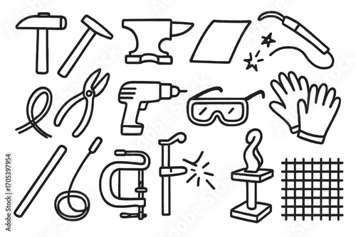 Metalworking Tools Icons. Hand-drawn doodle illustration metal sculpture hammer, chisel, anvil, metal sheet, welding torch, pliers