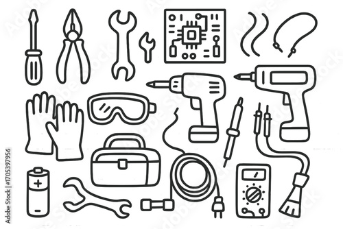 Appliance Repair Tools Icons. Hand-drawn doodle illustration appliance repair screwdriver, pliers, wrench, circuit board, wires,