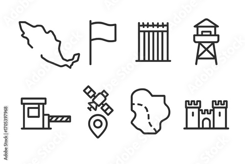 Cartel Territory Icons. Outline icon set of cartel territories: map, flag, border fence, watchtower, checkpoint, satellite view,