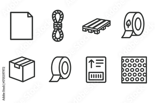 Sustainable Packaging Icons. Outline icon set of sustainable shipping packaging: kraft paper, jute rope, wooden pallet,