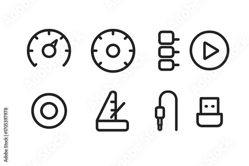 Electronic Drum Controls Icons. Outline icon set of electronic drum controls: volume knob, tempo dial, preset selector, play