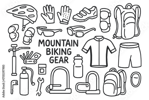 Mountain Biking Essentials. Hand-drawn doodle illustration Mountain biking gear helmet, gloves, bike shoes, knee pads, elbow pads,