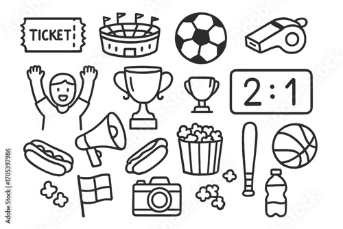 Sports Event Essentials. Hand-drawn doodle illustration Sports event essentials for fans ticket, stadium, soccer ball, whistle,