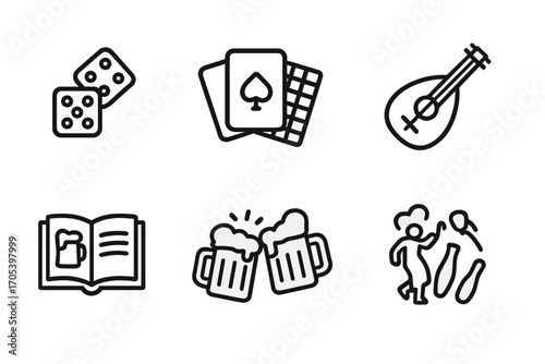 Tavern Games Icons. Outline icon set of tavern games and entertainment: dice, cards, chessboard, lute, tavern tales book, mug