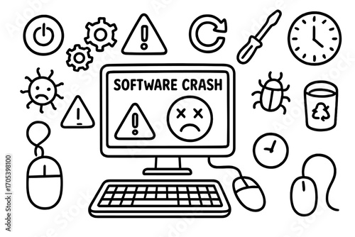 Software Crash Doodle. Hand-drawn doodle illustration software crash error message, blue screen, warning triangle, sad face, gears