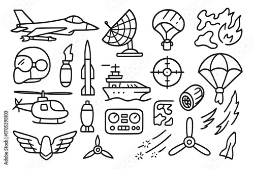 Air Combat Doodle Icons. Hand-drawn doodle illustration Air combat and military aviation fighter jet, missile, radar dish, pilot