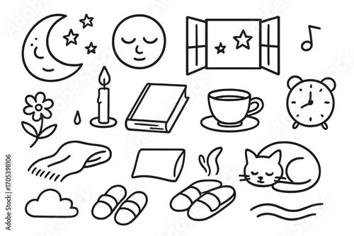 Cozy Night Icons. Hand-drawn doodle illustration solitude and peace moon, stars, quiet face, open window, candle, soft blanket,