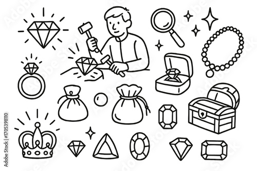 Gemstone Cutting Icons. Hand-drawn doodle illustration gemstone cutting diamond, gem cutter, magnifying glass, sparkle stars,