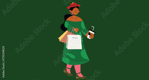illustration of a girl going shopping while holding shopping bags, symbolizing a fun shopping experience and modern retail therapy, with a stylish, minimalistic design