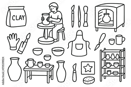 Pottery Tools Doodle. Hand-drawn doodle illustration pottery workshop clay, potter’s wheel, sculpting tools, kiln, apron, gloves,