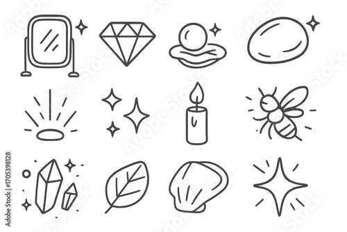 Shiny Surface Icons. Hand-drawn doodle illustration shiny surfaces mirror, diamond, pearl, polished stone, crystal, light rays,