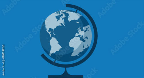 Flat design illustration of a world sphere for geography on a stand, showcasing a world map, symbolizing education, exploration, and global knowledge in a clean, minimalistic style.