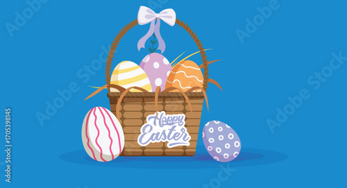 illustration of Easter eggs in a basket, decorated with vibrant colors and patterns, symbolizing Easter celebrations, spring, and festive traditions