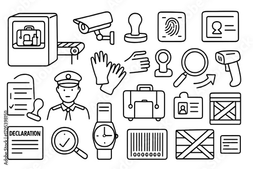 Security Inspection Doodles. Hand-drawn doodle illustration Security and customs inspection X-ray machine, security camera,