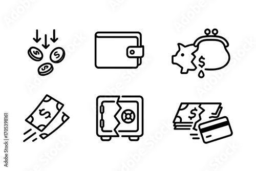 Money Loss Icons. Outline icon set of money loss: falling coins, empty wallet, broken piggy bank, leaking purse, slipping