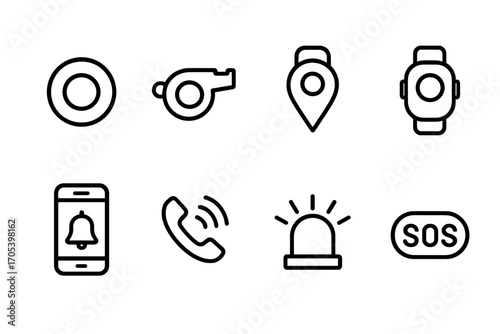 Personal Alarm Icons. Outline icon set of personal alarms: panic button, whistle, GPS tracker, wearable alert, mobile alert,