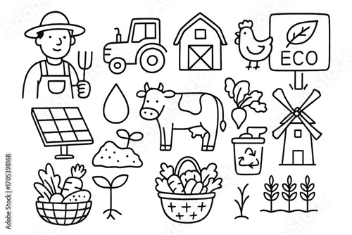 Sustainable Farming Doodles. Hand-drawn doodle illustration responsible farming techniques farmer, farm, tractor, barn, chicken,