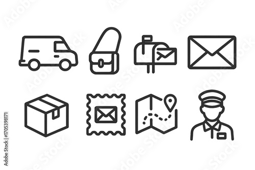 Mail Icons Set. Outline icon set of mail delivery: mail van, postman bag, mailbox, letter, parcel, postage stamp, postal route map
