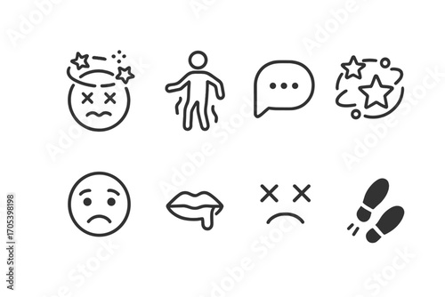 Intoxication Effects Icons. Outline icon set of intoxication effects: dizzy face, swaying figure, speech bubble, spinning stars,
