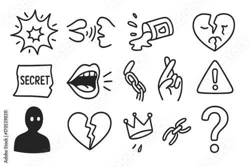 Doodle Secrets and Beauty. Hand-drawn doodle illustration explosive secrets explosion icon, whispering lips, broken mask, spilled