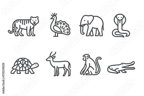 Indian Wildlife & Clothing Icons. Outline icon set of Indian wildlife: Bengal tiger, Indian peacock, elephant, cobra snake, Indian
