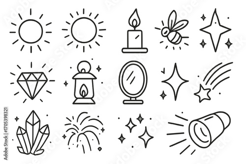 Radiant Light Icons. Hand-drawn doodle illustration radiant light shine glow, sun, light rays, candle flame, sparkle, diamond,