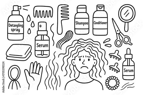 Hair Care Doodle. Hand-drawn doodle illustration Hair detangling products detangling spray, comb, hairbrush, shampoo bottle,