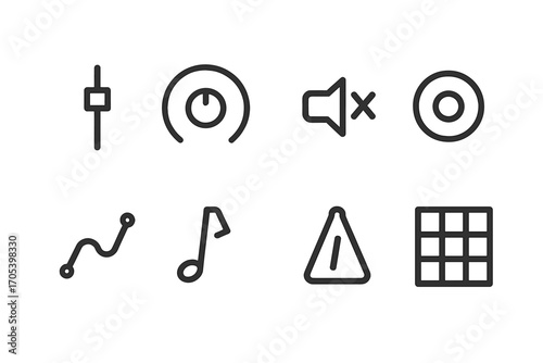 Sequencer Control Icons. Outline icon set of sequencer controls: volume slider, pan knob, mute button, solo button, automation