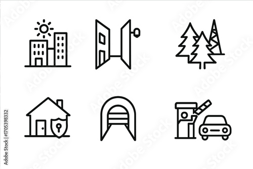 Field Agent Icon Set. Outline icon set of field agent environment: urban city, alleyway, forest, rooftop, safe house, underground