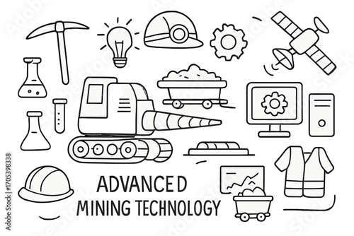 Mining Technology Icons. Hand-drawn doodle illustration Advanced mining technology drill machine, conveyor belt, computer,