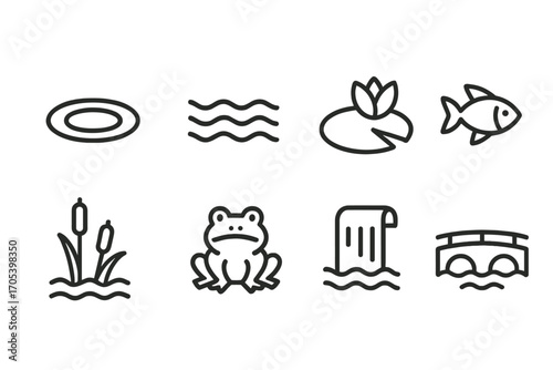 Moat Water Icons. Outline icon set of moat water features: ripple, waves, water lily, fish, aquatic plants, frog, waterfall, moat