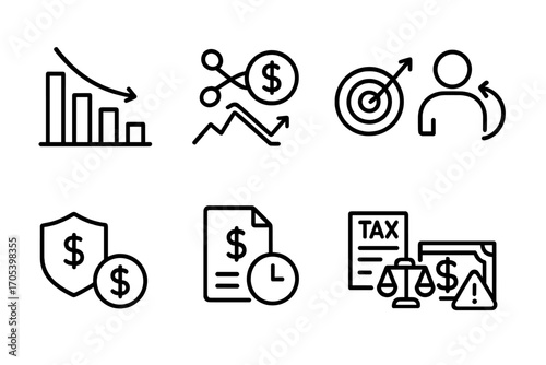 Revenue Challenges Icons. Outline icon set of revenue challenges: declining sales, budget cut, market competition, customer churn,