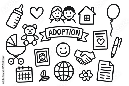 Adoption Doodle Icons. Hand-drawn doodle illustration adoption child care baby bottle, stroller, toys, family, heart, house,