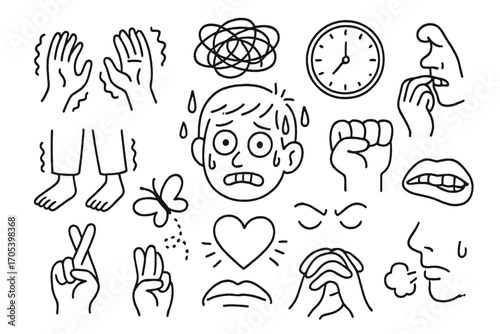 Anxiety Doodle Symbols. Hand-drawn doodle illustration anxiety trembling hands, sweating face, racing heartbeat, wide eyes,