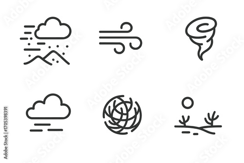 Dust Storm Icon Set. Outline icon set of dust storms and weather: desert storm, wind gust, sand dune, dust devil, cloudy sky,