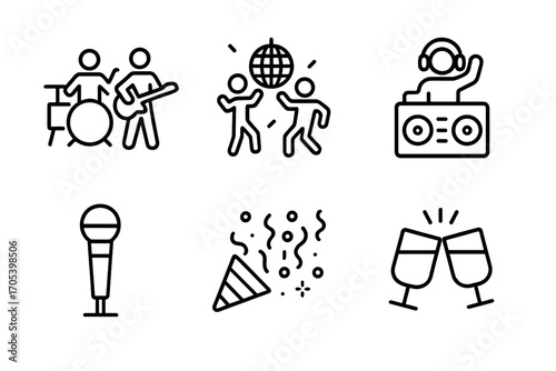 Themed Bar Icons. Outline icon set of themed bar events: live band, dance floor, spotlight, DJ booth, stage microphone, ticket,