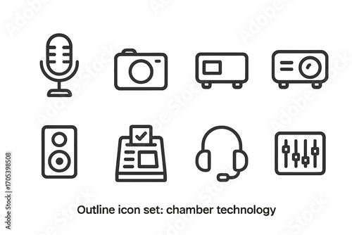 Chamber Technology Icons. Outline icon set of chamber technology: microphone, camera, laptop, projector, speaker, voting machine,