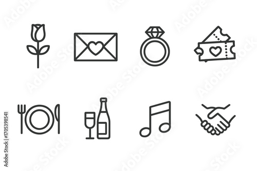 Romantic Date Icons. Outline icon set of romantic date: rose, love letter, engagement ring, movie tickets, dinner plate, champagne