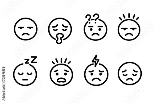 Hangover Emotions Icons. Outline icon set of hangover emotions: tired face, nauseous face, confused face, irritated face, sleepy
