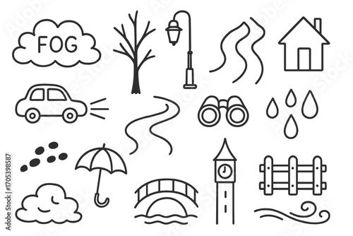 Foggy Doodle Scene. Hand-drawn doodle illustration fog fog cloud, tree silhouette, street lamp, car headlights, footprints,