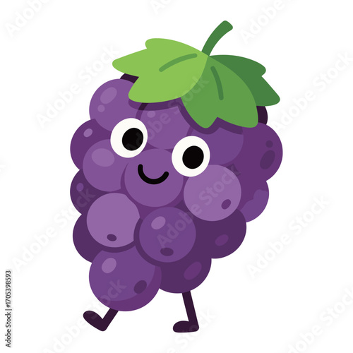 Cute cartoon grape cluster character. Happy fruit mascot with a stem and leaf. Vector illustration isolated on a white background.
