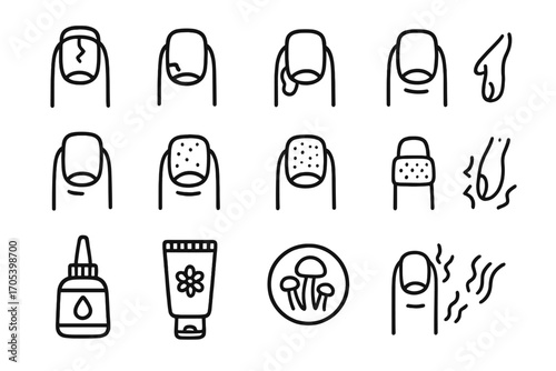Nail Care Issues Icons. Hand-drawn doodle illustration damaged nails cracked nail, chipped polish, hangnail, dry cuticle, broken