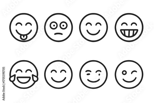 Funny Faces Icons. Outline icon set of funny faces: tongue out, eye roll, giggle, silly grin, laughing tears, smile with teeth,